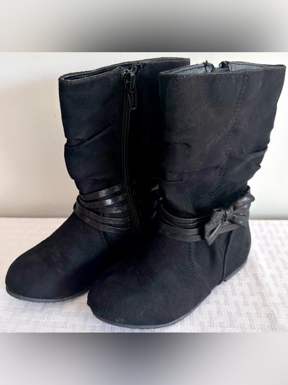 Jumping Beans Girls Black Boots Size 8 Bow Ruched Mid Calf Side Zip